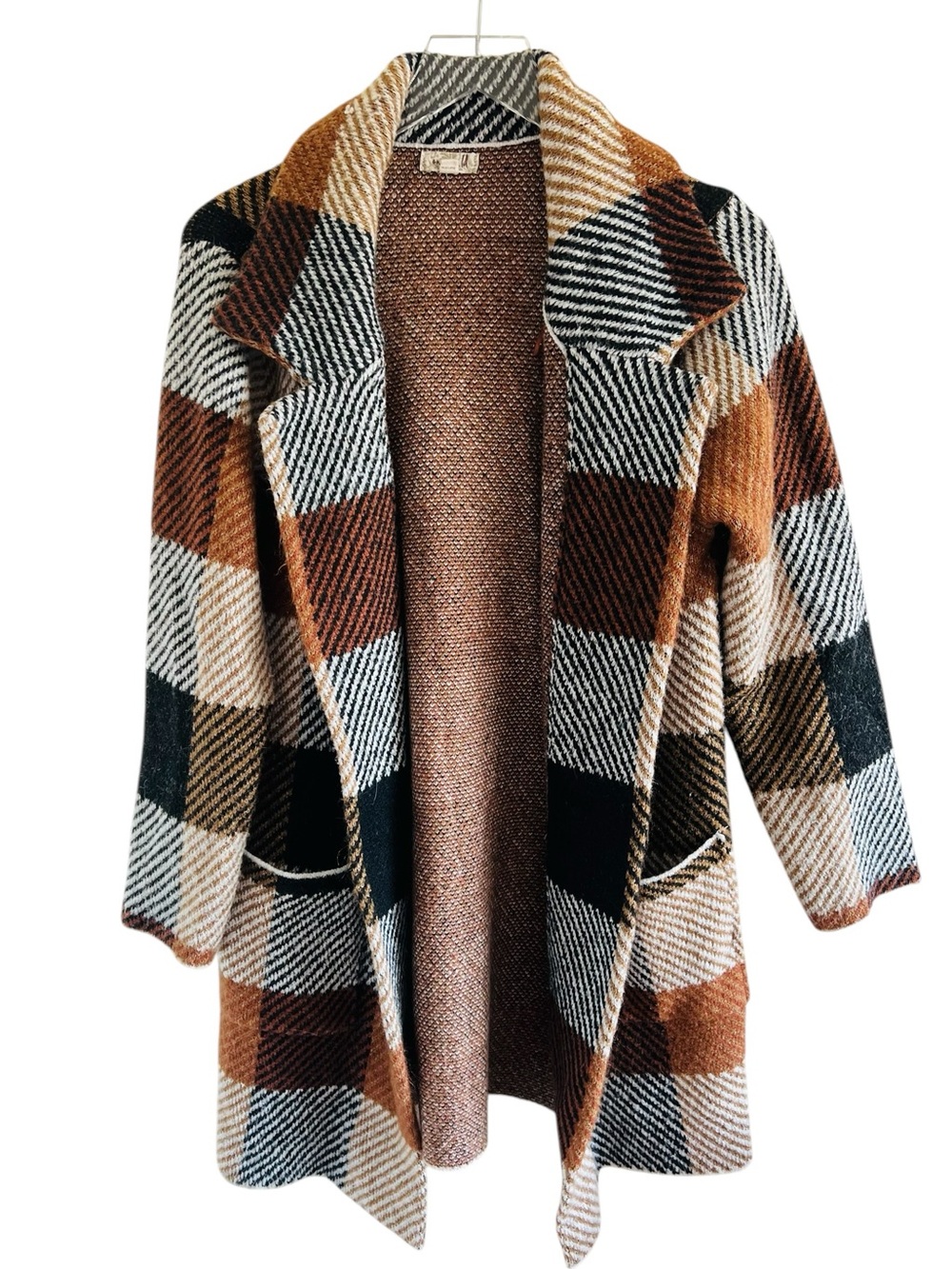 One world Plaid Open-Front Long Cardigan Sweater in Brown Tones